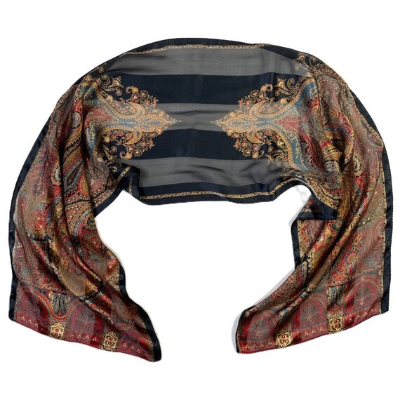 Echo Silk Scarf Paisley Oblong Rectangle 54"x11" Maroon Red Blue Taupe Black - Picture 5 of 10